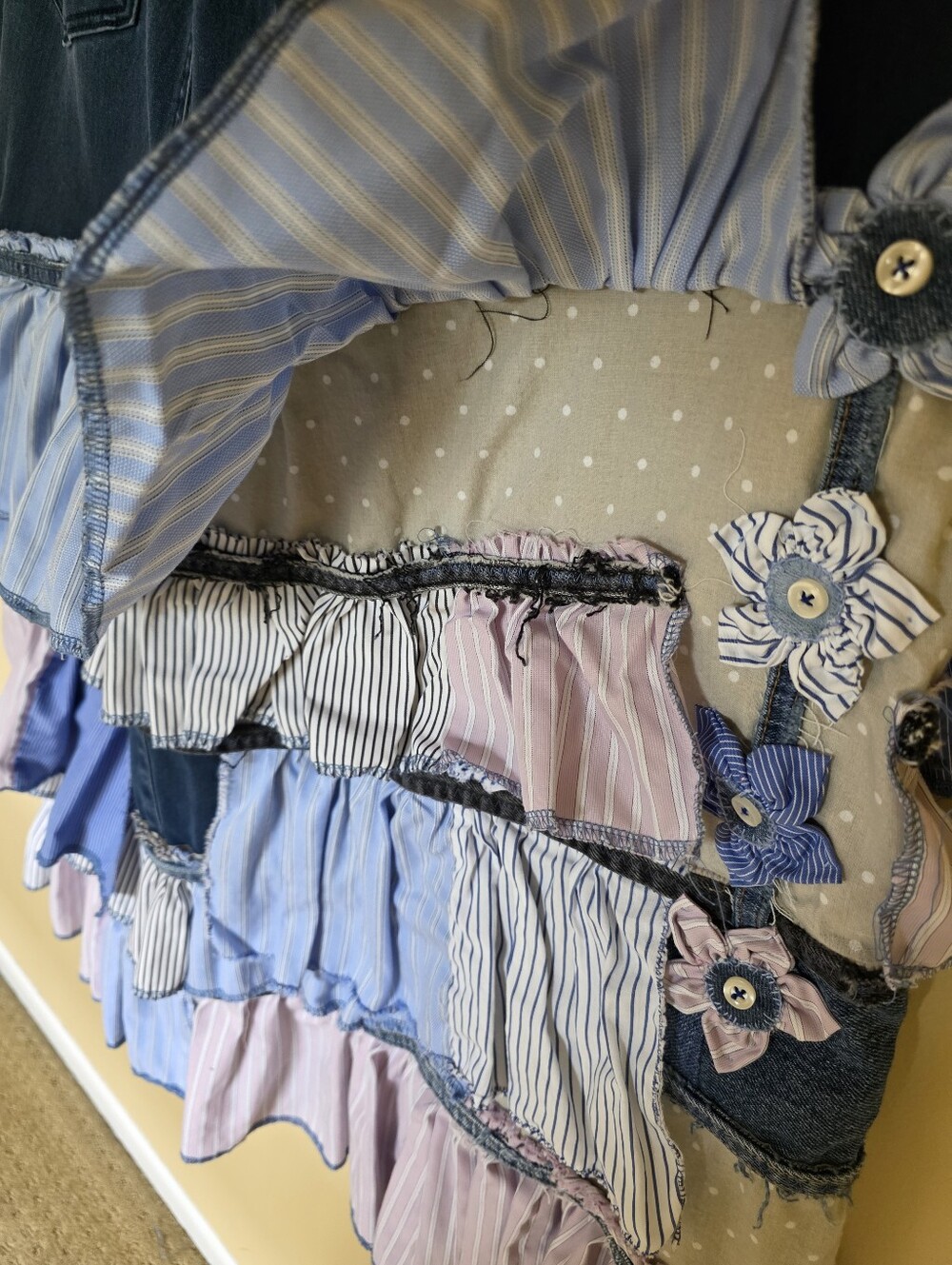 HAND CRAFTED Midi Skirt UPCYCLED Blue Denim Striped Shirt Ragged Plus Size 18w - Picture 8 of 11